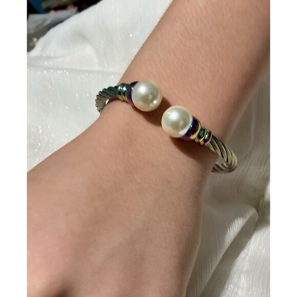 🌈 Iridescent Pearl Cuff Bracelet – Stainless Steel Rainbow Cable Design” - Picture 8 of 16